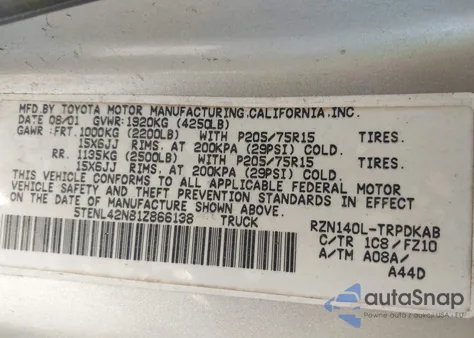 2001 Toyota Tacoma z USA, uszkodzony, nr VIN 5TENL42N81Z866138